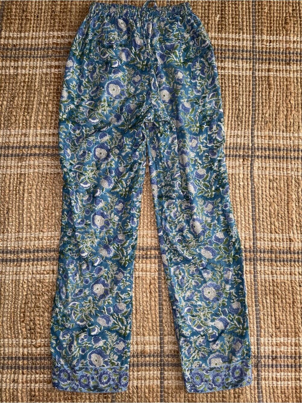 Mary Marshmallow $138 Block Print Floral Blue & Green Cotton Lounge Pants XS